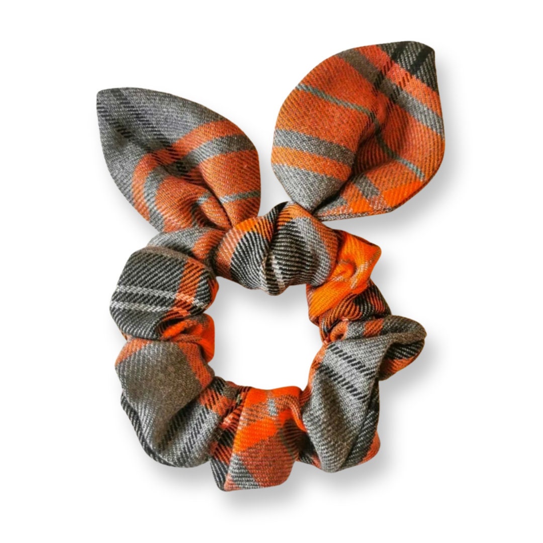 Orange Tartan Scrunchie, Bunny Ear Scrunchie, Autumn Hair Accessories, Matching Pet Mum Accessories