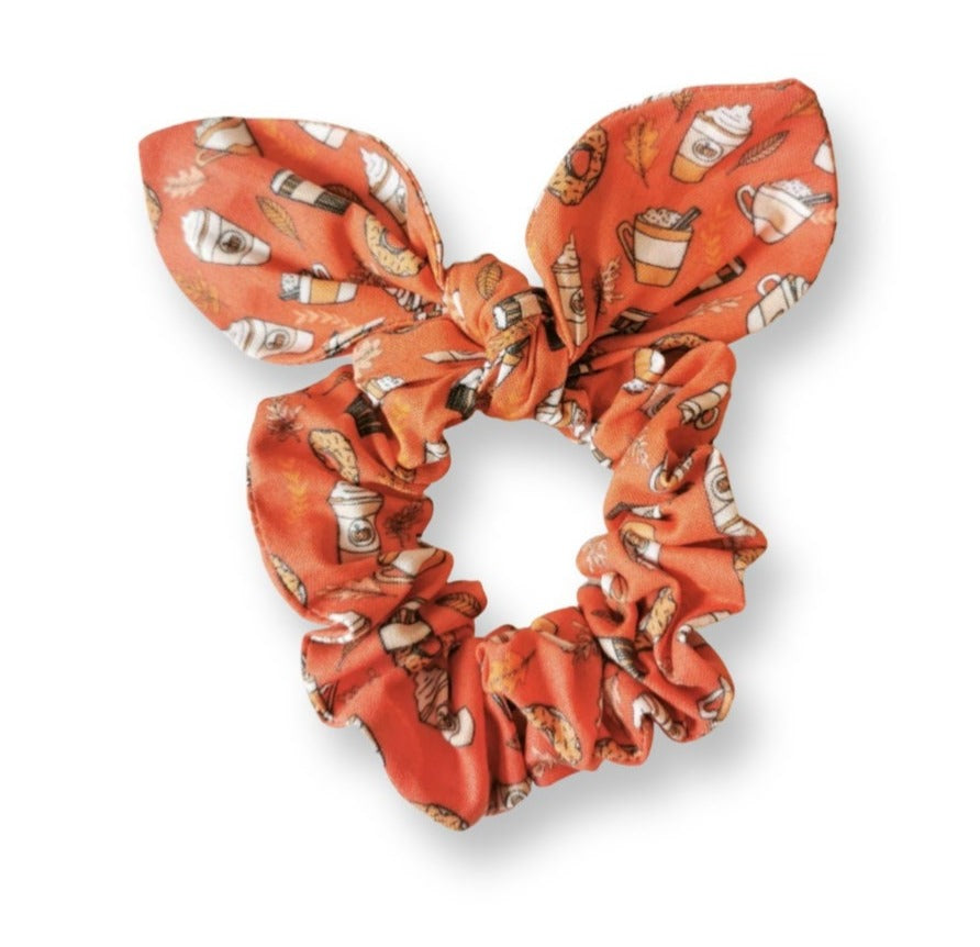 Autumn Coffee Print Bunny Ear Scrunchie, Matching Pet Mum Accessories