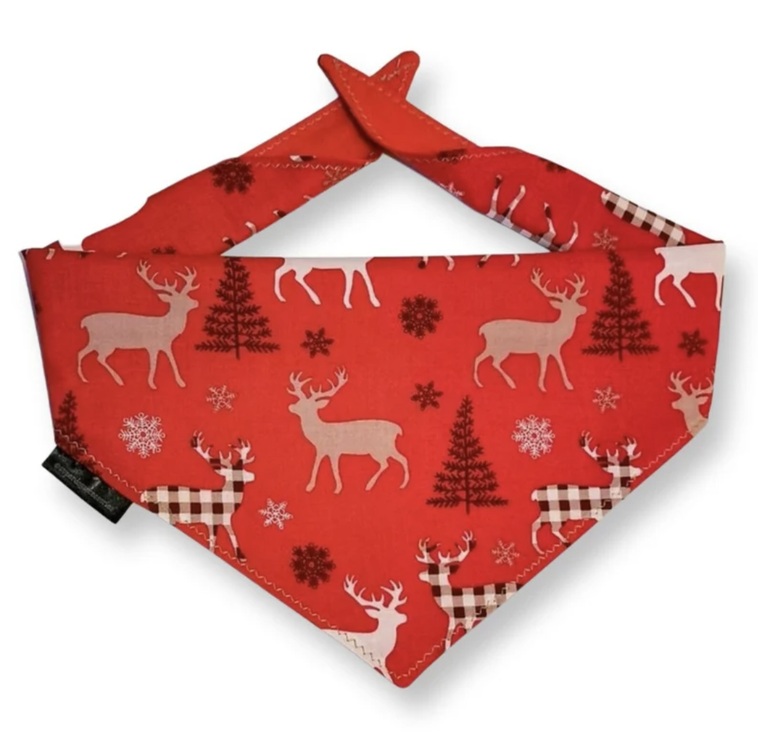 Christmas Reindeer Tartan Dog Bandana | Scarf Tie On Bandana