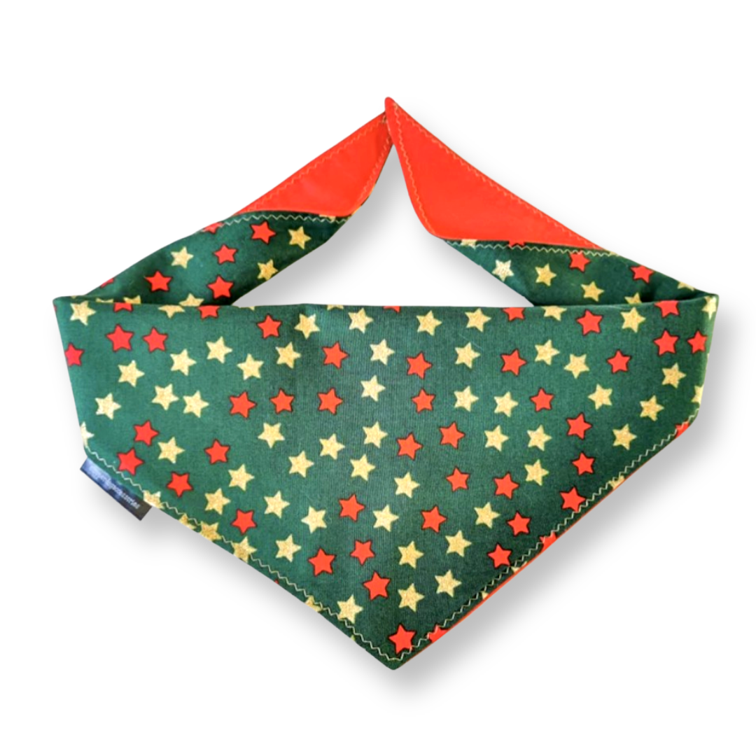 Christmas Green Dog Bandana with Red and Gold Stars | Scarf Tie On Bandana